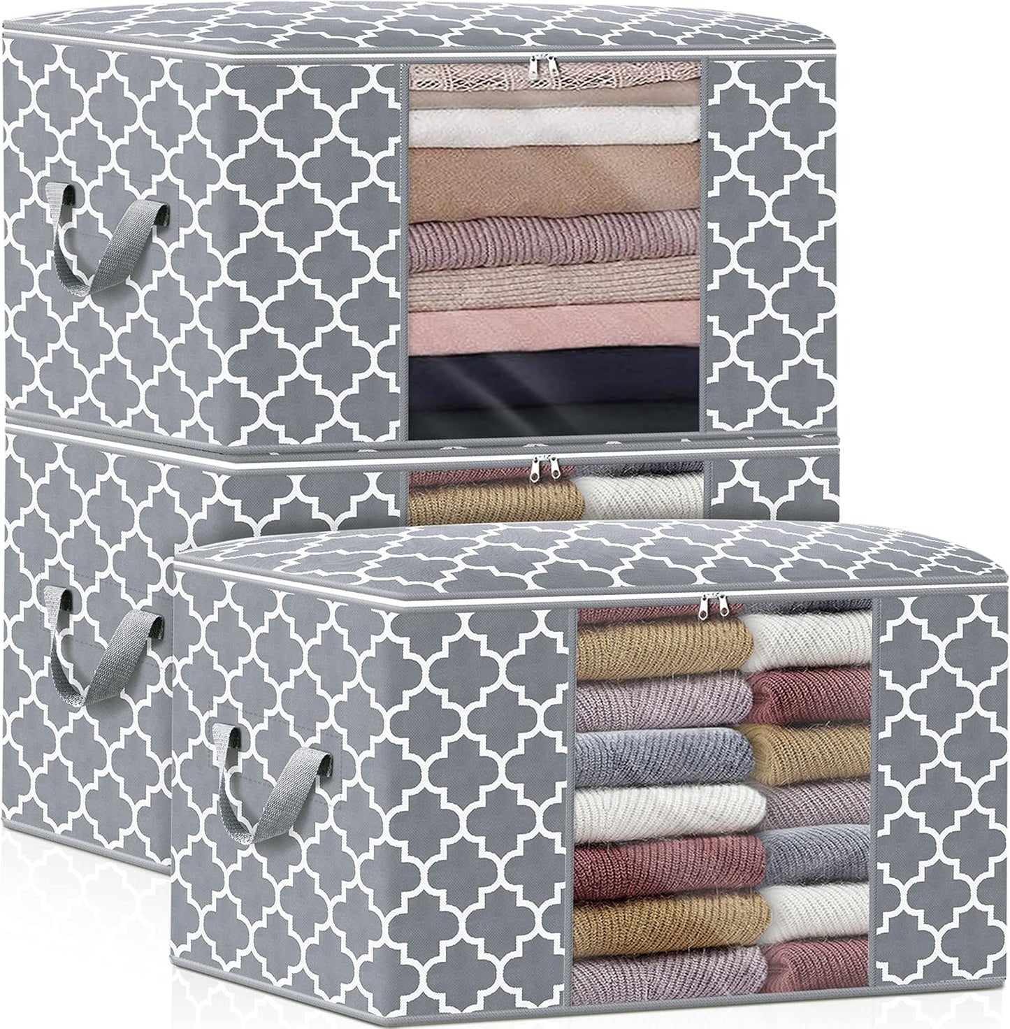 WISELIFE Storage Bags, Large Blanket Clothes Organization and Storage Containers for Bedding, Comforters, Foldable Organizer with Reinforced Handle, Clear Window,Sturdy Zippers,(Grey, 3 x 100L)