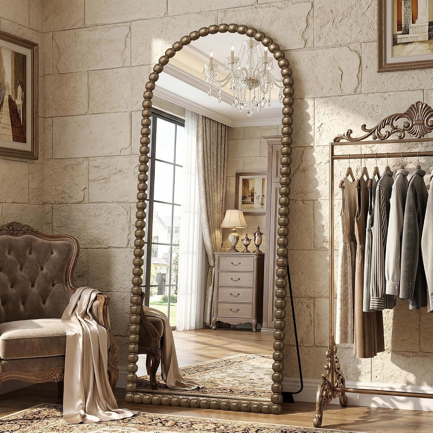 Antok 58" x 21" Arched Full Length Mirror, Antique Beaded Frame Floor Standing or Wall Mounted Mirror with Stand for Bedroom, Entryway, Brown, Luxury Style