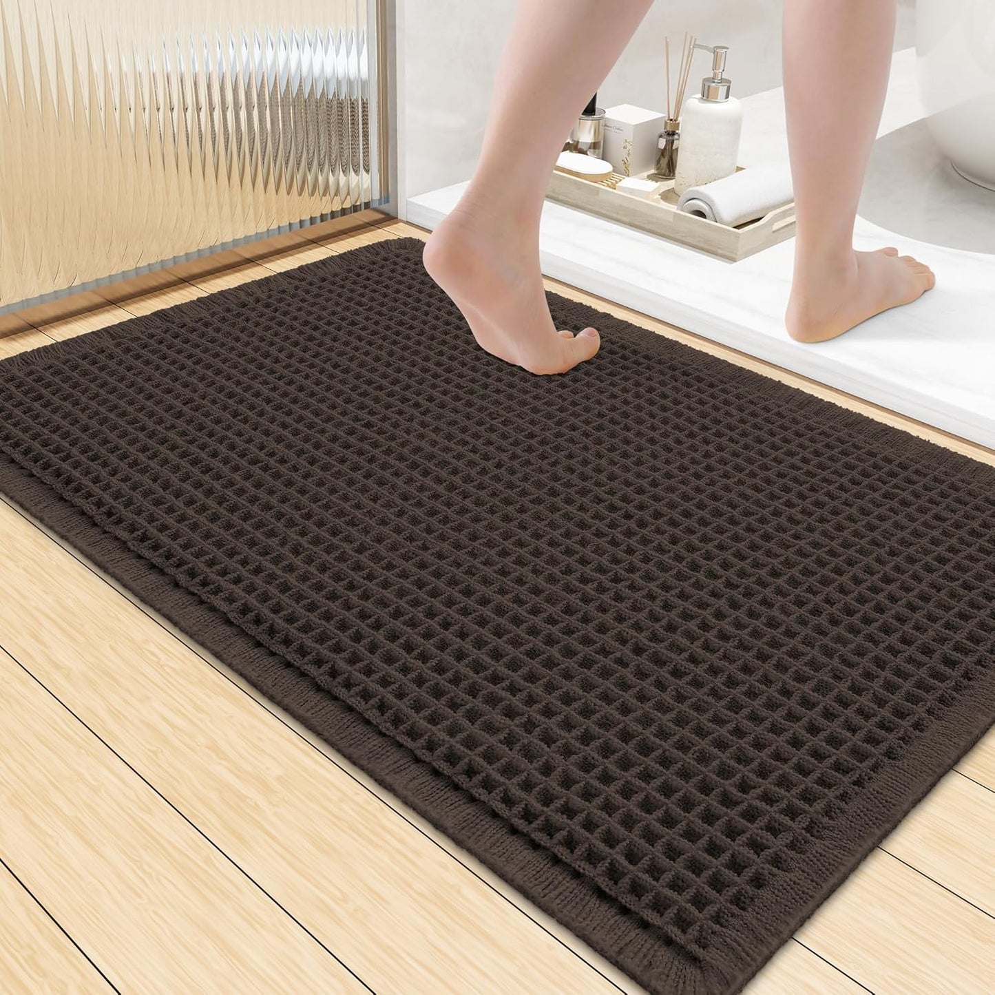 Smiry Waffle Bath Mat 30x20, Extra Soft Absorbent Bathroom Rugs, Non Slip Machine Washable Quick Dry Bath Rugs for Bathroom Floor, Tub, Shower, Home Decor Accessories, Brown