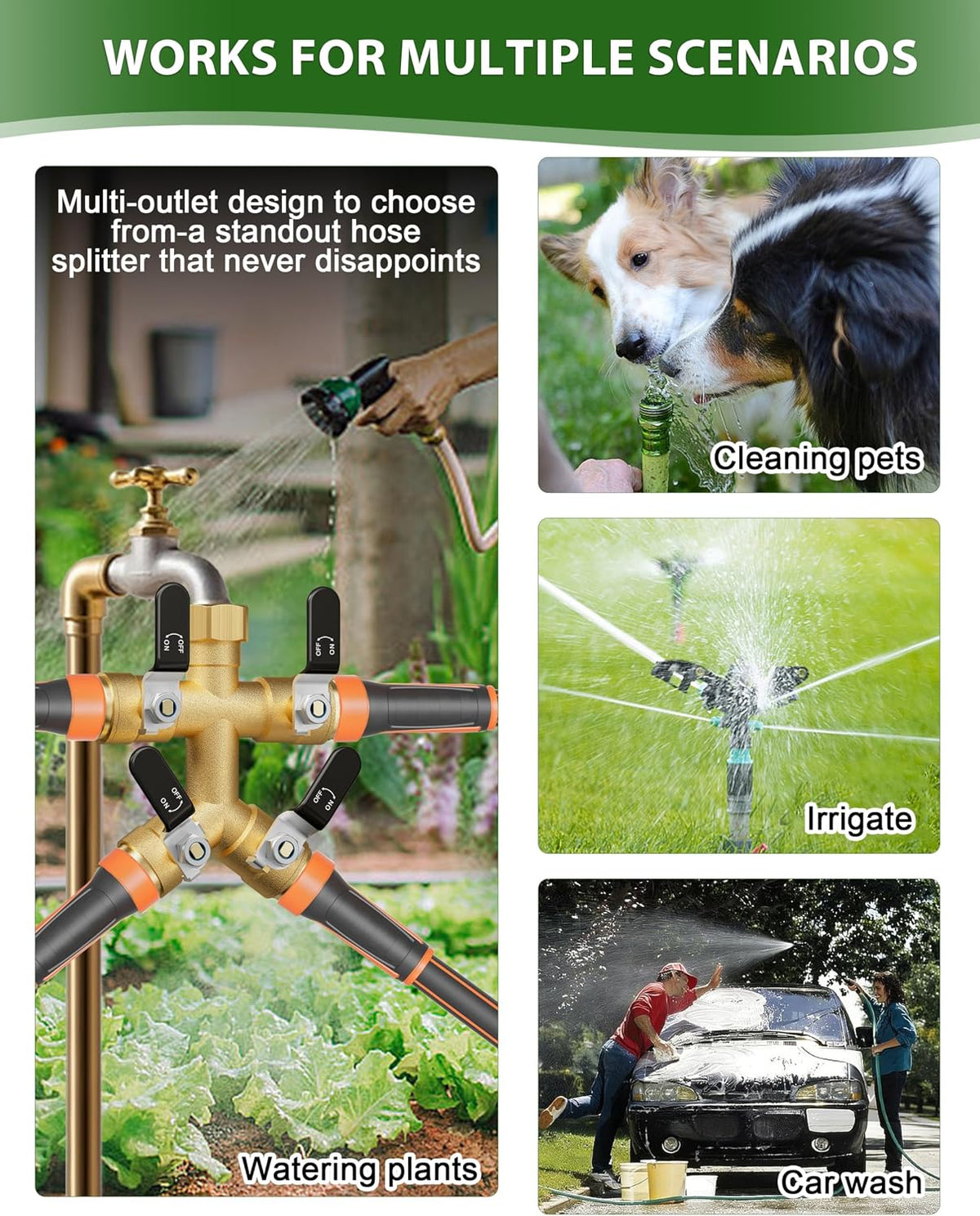 Hose Splitter 2 Way, Heavy Duty Brass Garden Hose Splitter, Water Hose Bib Spigot Splitter with 0.59" Full Flow Ball Valve Outlet & Shut-Off Valve 3/4'' Connector Outdoor Water Faucet Adapter
