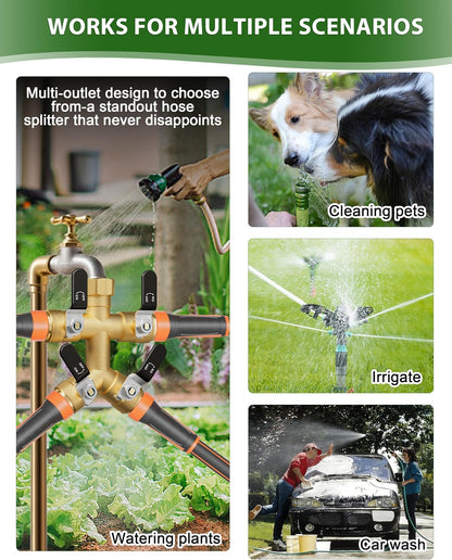 Hose Splitter 2 Way, Heavy Duty Brass Garden Hose Splitter, Water Hose Bib Spigot Splitter with 0.59" Full Flow Ball Valve Outlet & Shut-Off Valve 3/4'' Connector Outdoor Water Faucet Adapter