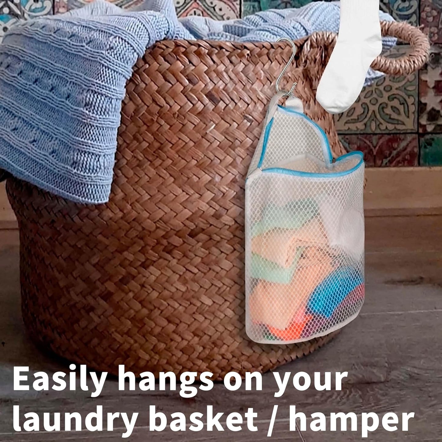 3Pcs Hanging Laundry Bags for Socks with S Hooks, 12 X 10 inch 3 Color Mesh Laundry Bags for Washing Machine