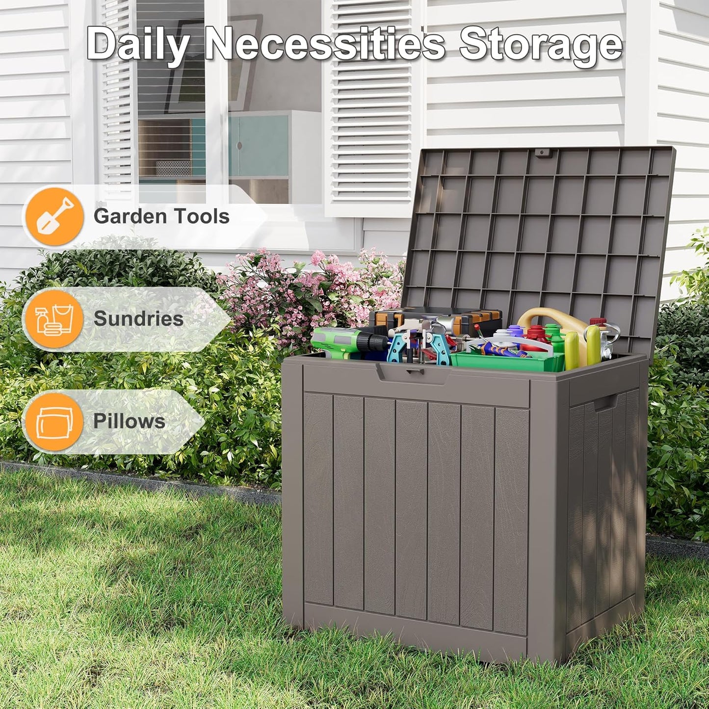 35 Gallon Outdoor Storage Box, Waterproof Resin Deck Box with Lockable Lid – Storage Cabinet for Patio Furniture, Pool Supplies, Garden Tools – Indoor & Outdoor Use