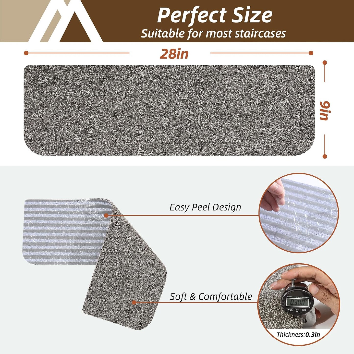 COSY HOMEER Stair Treads for Wooden Steps Non-Slip Carpet Mat,4pcs,Brown | Cut to Size,Peel and Stick,Washable,Residue Free,Self Adhesive,Stair Runner for Kid Elder Pet,28“x9”Carpet Stair Treads
