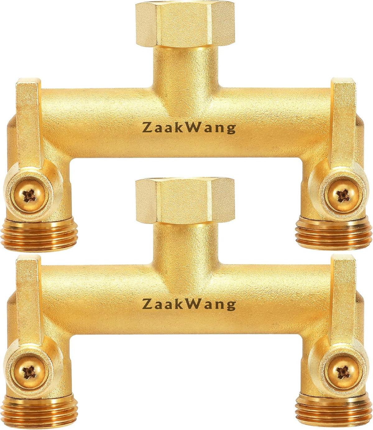 Heavy Duty Brass 2-Way Garden Hose Splitter, 3/4" GHT Threads, Metal Shutoff Valve, Long Handle