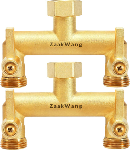 Heavy Duty Brass 2-Way Garden Hose Splitter, 3/4" GHT Threads, Metal Shutoff Valve, Long Handle