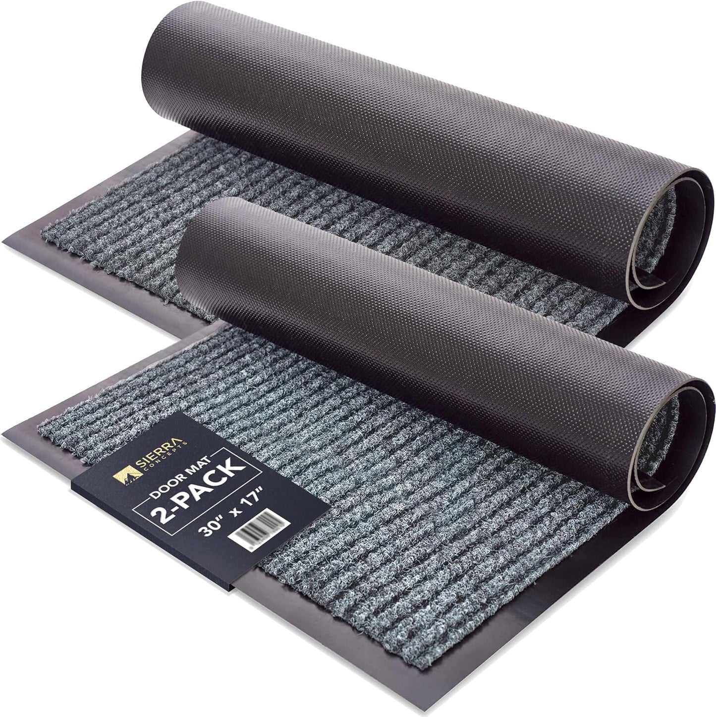 Sierra Concepts Front Door Mat Welcome Floor Mats - Entryway Indoor Outdoor Entrance Doormat, Patio, Porch, Muddy Shoe, Inside Outside Low Profile, 30x17 inches, 2-Pack Gray