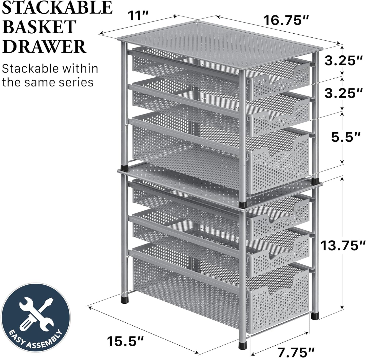 Simple Houseware Stackable 2 Tier Sliding Basket Organizer Drawer, White