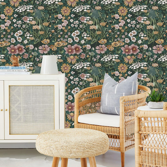 Orainege Vintage Floral Wallpaper Peel and Stick Wallpaper Floral Contact Paper 17.7in x118.1in Boho Daisy Self Adhesive Removable Wall Paper for Bedroom Decorative
