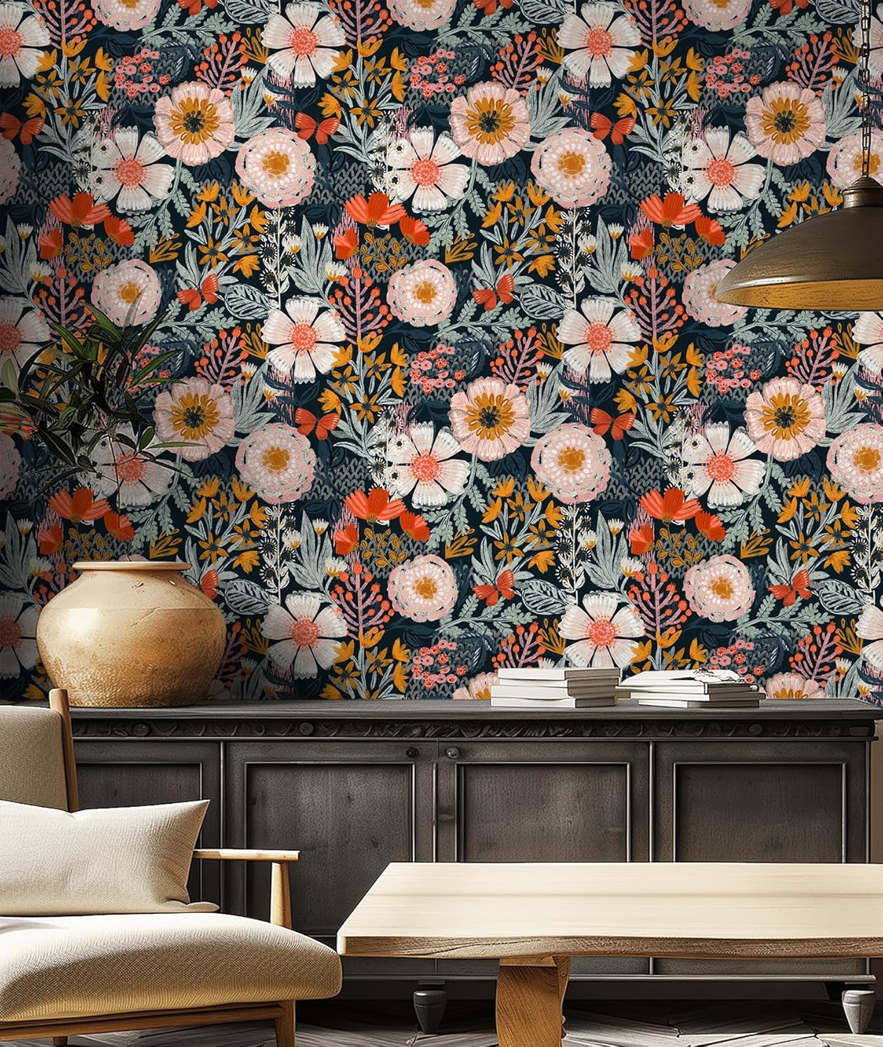 HAOKHOME Boho Peel and Stick Wallpaper Floral Wall Paper Removable for Bedroom Navy/Pink/Orange Contact Paper 17.7in x 9.8ft