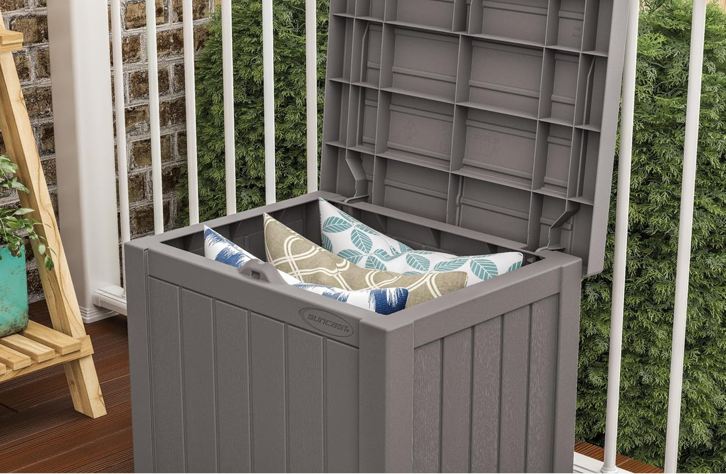 Suncast 22-Gallon Small Deck Box - Lightweight Resin Indoor/Outdoor Storage Container and Seat for Patio Cushions and Gardening Tools - Store Items on Patio, Garage, Yard - Stone Gray, Made in the USA