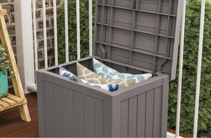 Suncast 22-Gallon Small Deck Box - Lightweight Resin Indoor/Outdoor Storage Container and Seat for Patio Cushions and Gardening Tools - Store Items on Patio, Garage, Yard - Stone Gray, Made in the USA