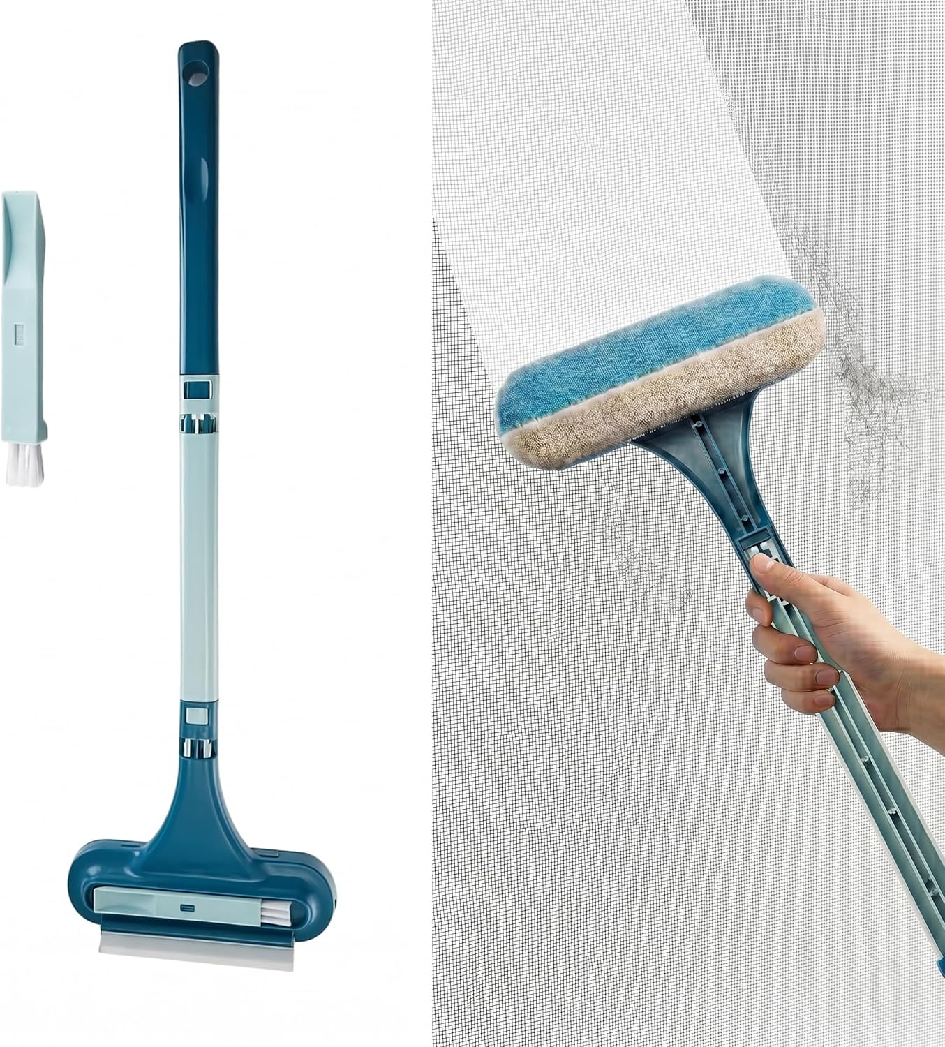 Window Screen Cleaning Brush with Long Handle, 2-in-1 Mesh Cleaner Tool & Squeegee, Double-Sided Multi-Purpose Scrubber for Glass, Sliding Door, Patio & Porch Screens (Blue)
