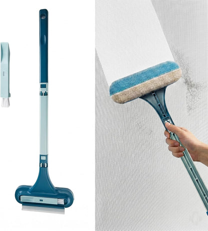 Window Screen Cleaning Brush with Long Handle, 2-in-1 Mesh Cleaner Tool & Squeegee, Double-Sided Multi-Purpose Scrubber for Glass, Sliding Door, Patio & Porch Screens (Blue)