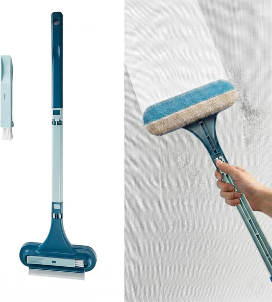 Window Screen Cleaning Brush with Long Handle, 2-in-1 Mesh Cleaner Tool & Squeegee, Double-Sided Multi-Purpose Scrubber for Glass, Sliding Door, Patio & Porch Screens (Blue)