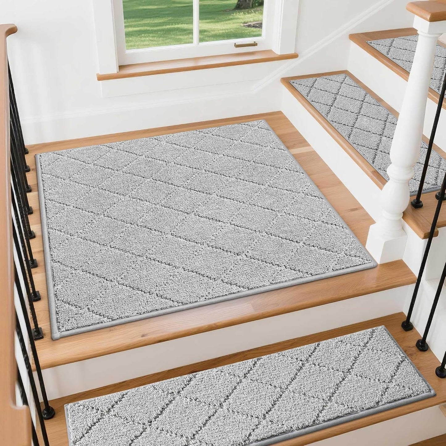 COSY HOMEER Edging Stair Treads Non-Slip Carpet Mat 28inX9in Indoor Stair Runners for Wooden Steps, Edging Stair Rugs for Kids and Dogs, 100% Polyester TPE Backing(4pc, Beige)