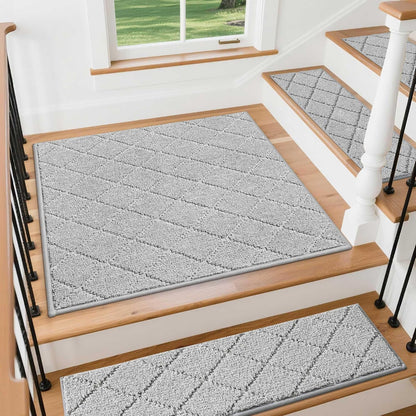 COSY HOMEER Edging Stair Treads Non-Slip Carpet Mat 28inX9in Indoor Stair Runners for Wooden Steps, Edging Stair Rugs for Kids and Dogs, 100% Polyester TPE Backing(4pc, Beige)