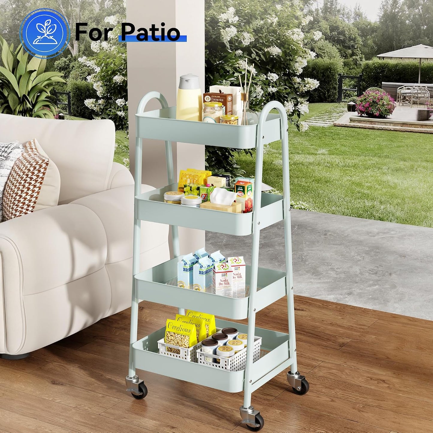 OLIXIS Metal 4 Tiers Utility Rolling Cart, Mobile Storage Shelf with Lockable Caster Wheels, Organization for Livingroom, Bathroom, Kitchen, & Narrow Places, 4-Tier Green