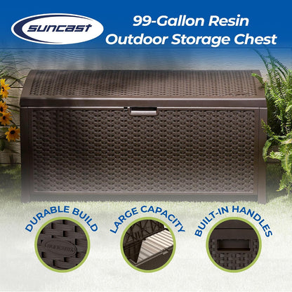 Suncast DBW9200 99 Gallon Outdoor Wicker resin Patio Storage Chest Bin with Handles for Patio, Garden, Garage, or Pool for All Weather, Mocha