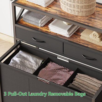 Laundry Hamper 3 Section, 150L Rolling Laundry Sorter Basket with 2 Shelves and 2 Drawers, 3 Compartment Clothes Organizer Cart with Wheels, Pull-Out Bags for Laundry Room, Bathroom, Bedroom