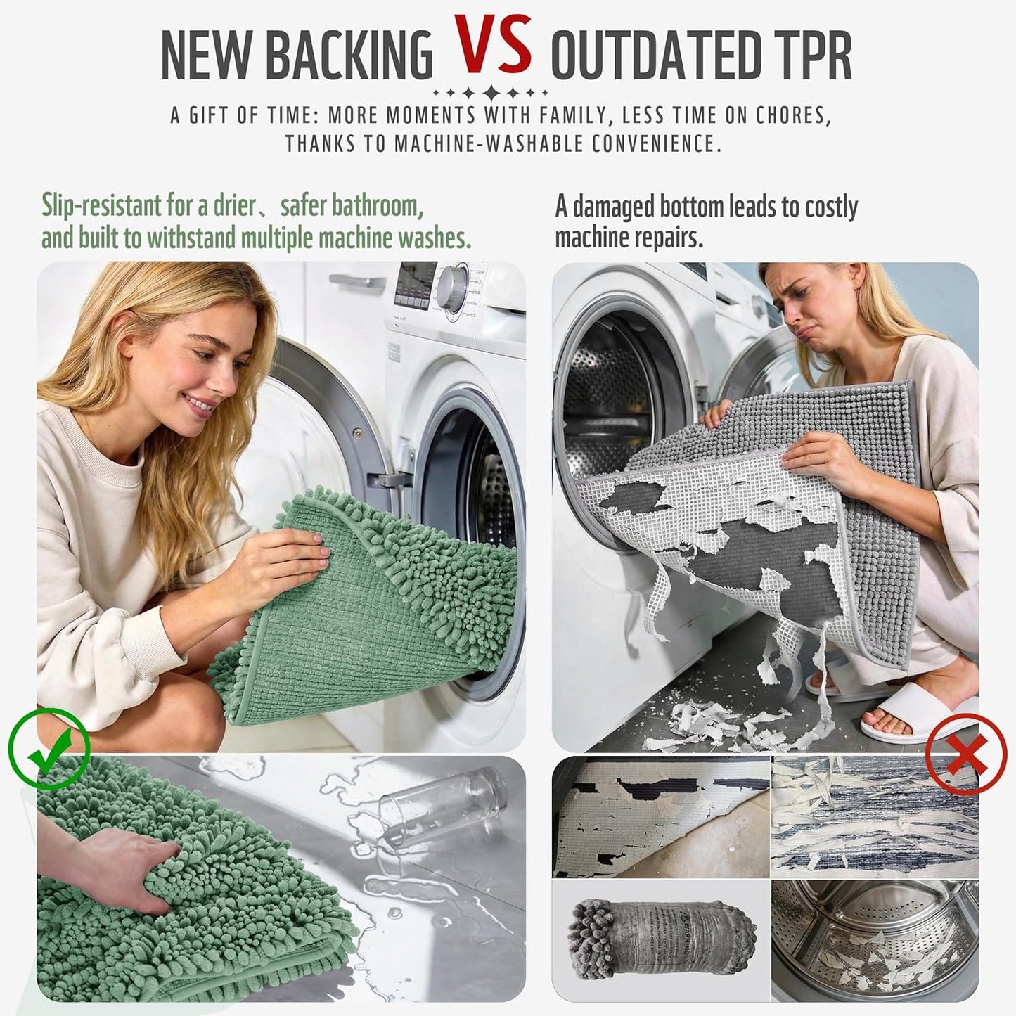 Yimobra Bathroom Rugs Non Slip Washable - Ultra Soft Absorbent Chenille Bath Mat, Quick Dry Shaggy Floor Carpet for Tub Shower, Gray Home Decor Accessories, 24x17 Inch