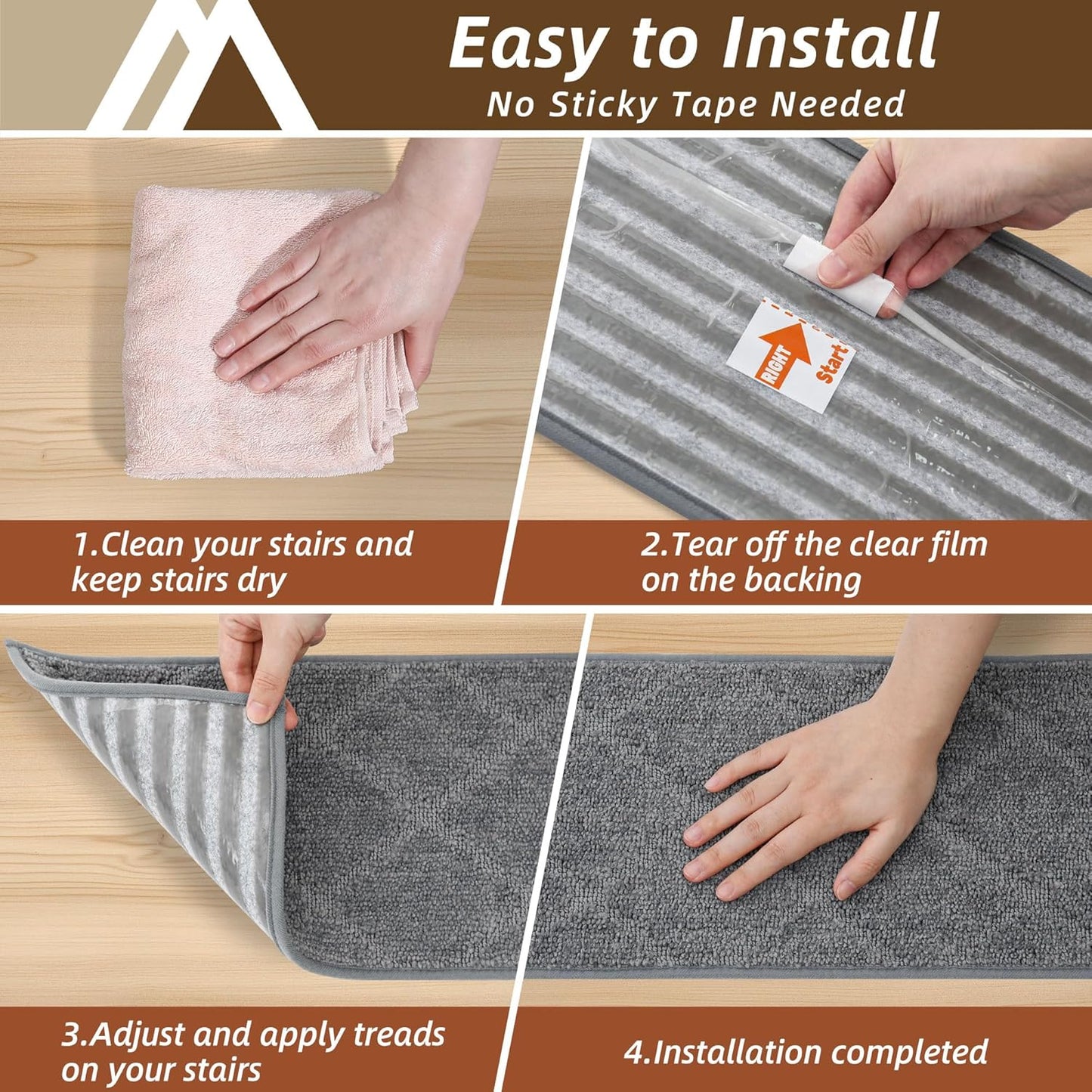 COSY HOMEER Edging Stair Treads Non-Slip Carpet Mat 28inX9in Indoor Stair Runners for Wooden Steps, Edging Stair Rugs for Kids and Dogs, 100% Polyester TPE Backing(4pc, Beige)