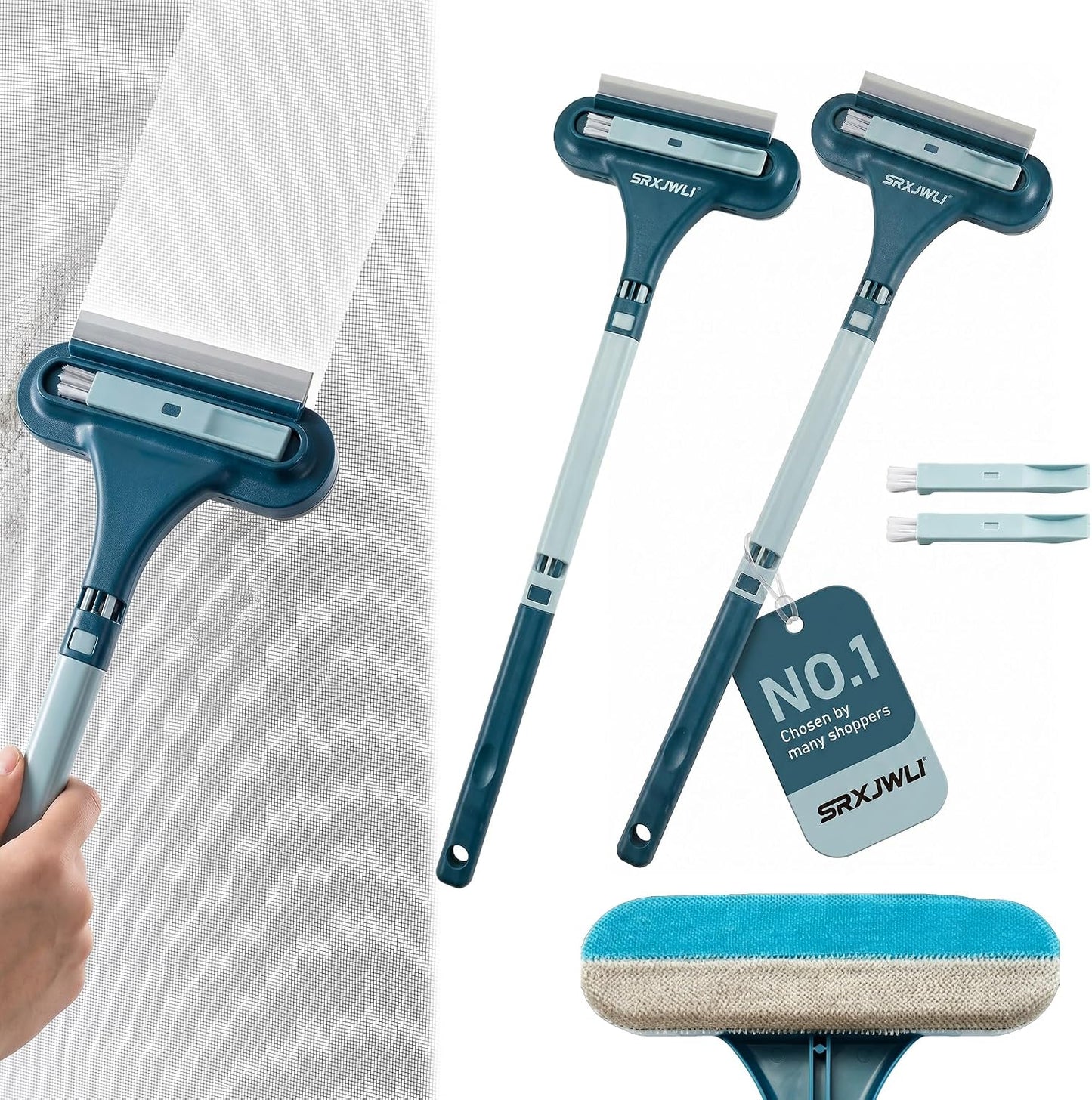 Window Screen Cleaner Tool Outdoor Mesh Cleaning Brush Full Crystal Glass Door LCD Track Hose Washer Windshield Clean 2-in-1 Multi-Purpose Double-Sided Kit with Vacuum Squeegee Handle(Blue)