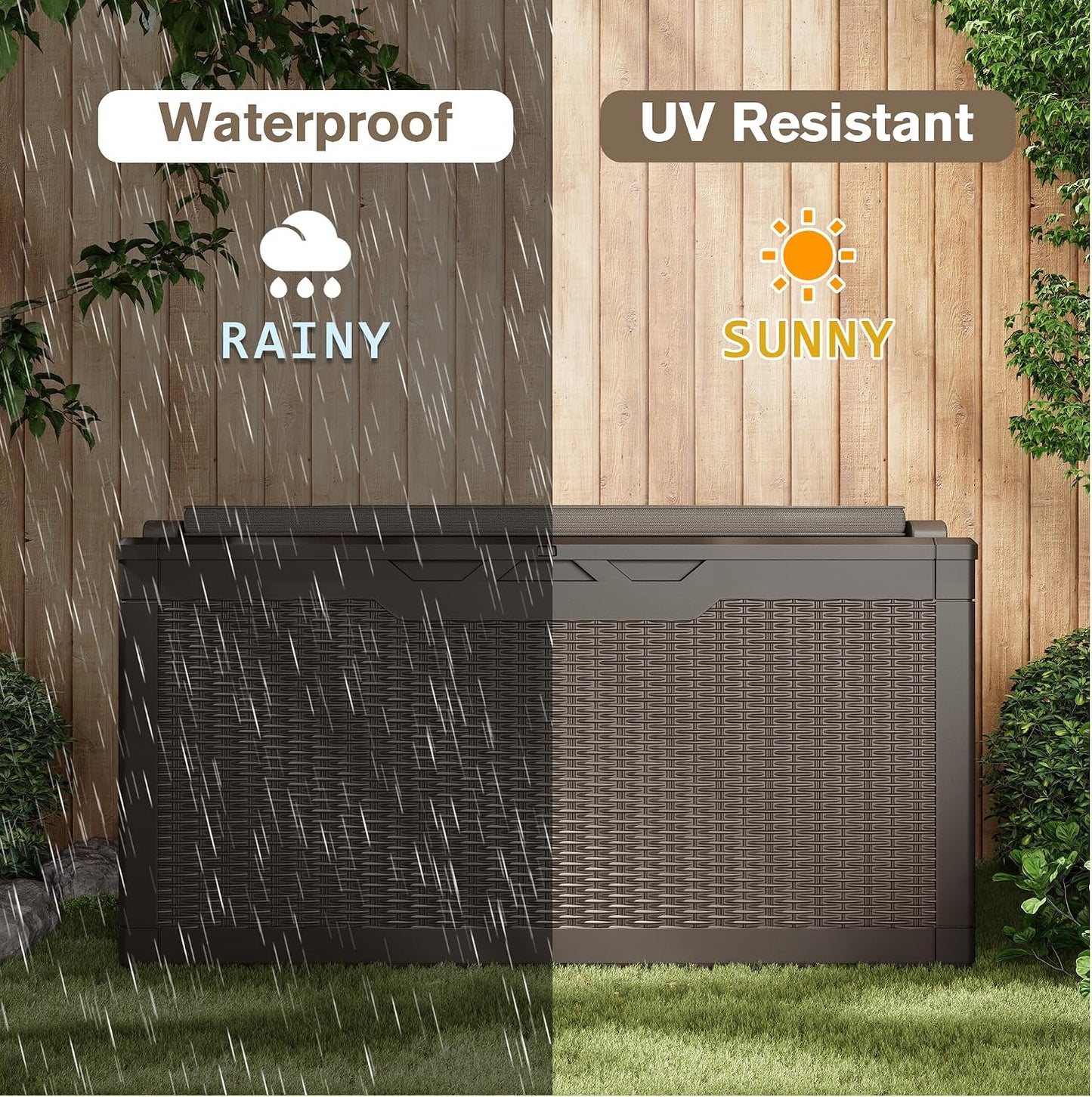JUMMICO 31 Gallon Resin Deck Box Waterproof Indoor Outdoor Storage Boxes for Patio Furniture Cushions and Garden Tools (Brown)