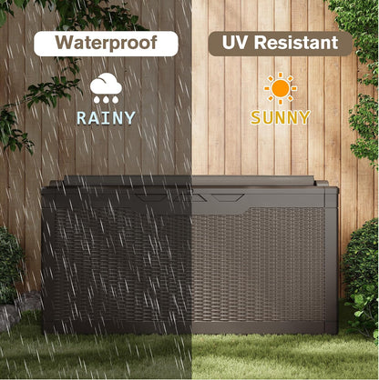 JUMMICO 31 Gallon Resin Deck Box Waterproof Indoor Outdoor Storage Boxes for Patio Furniture Cushions and Garden Tools (Brown)