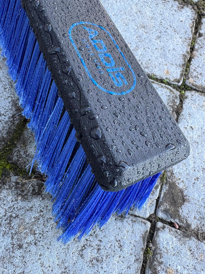 Outdoor Broom & Patio Brush by Addis – Heavy Duty 45cm (17.7") Angled Head with Stiff Bristles Deck Driveway Garden & Yard Sweeping Brush Large Push Broom for Concrete Tile Wooden Floors, Blue Black