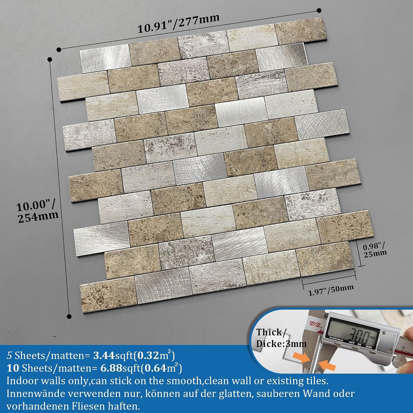 Peel and Stick Brick Backsplash for Kitchen,Back Splash for Bathrooms Walls Tiles Waterproof(10sheets,Blue Gray)