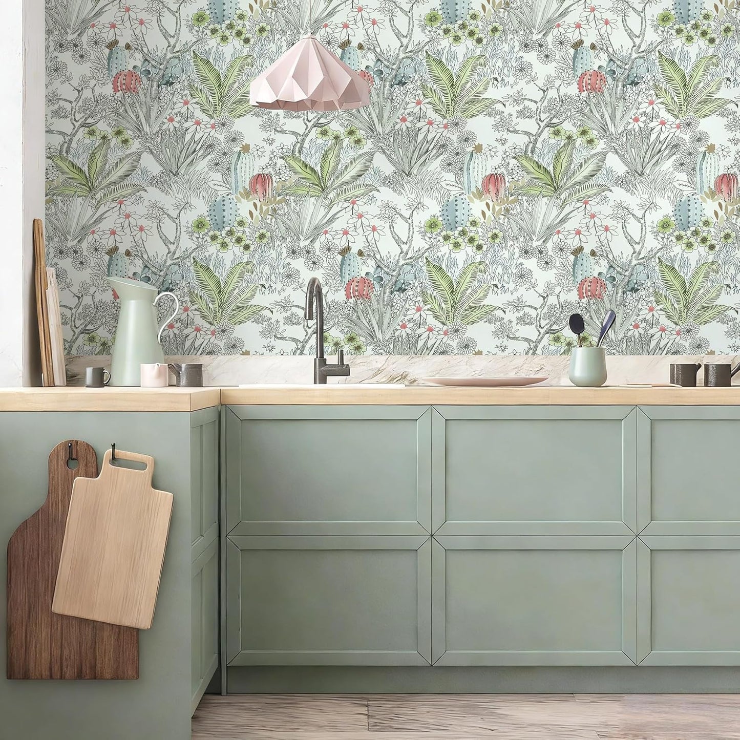 Wudnaye Boho Peel and Stick Wallpaper Catus Wallpaper 17.7" x 118.1"Vintage Floral Wallpapers Peel and Stick Botanical Removable Wall Paper Boho Self Adhesive Contact Paper for Bathroom Cabinets