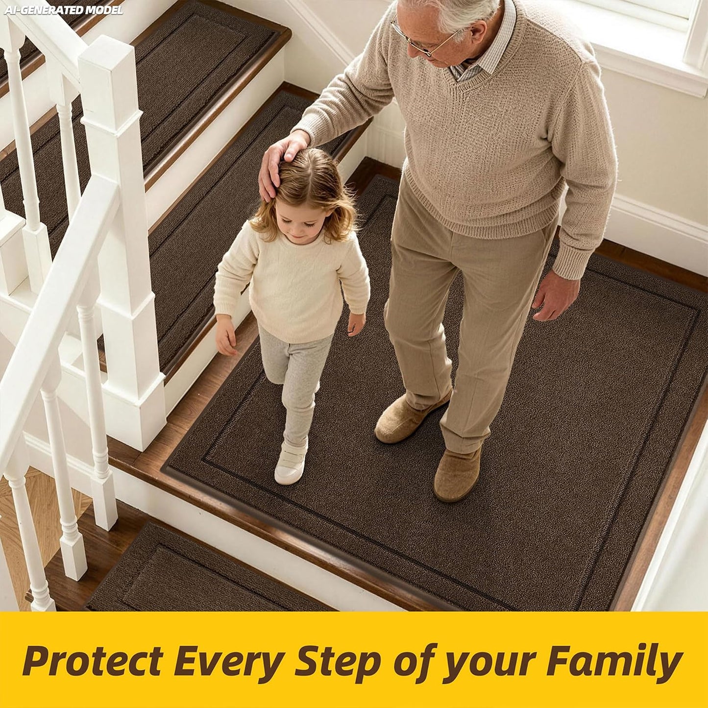JSEI Stair Treads for Wooden Steps Indoor, 15-Pack Non Slip Stair Treads 30" x 8", Washable Polyester Stair Mats with TPE Backing, Low Profile Stair Rugs for Kids, Seniors and Dogs, Brown