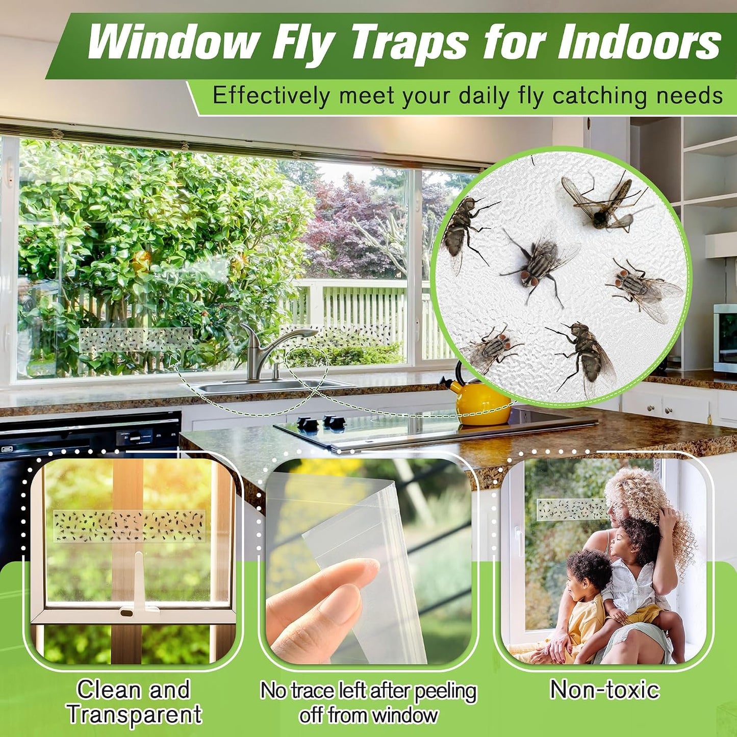 Qualirey 30 Pack XL Window Fly Traps for Indoors, Extra Large Fly Paper Sticky Strips, Waterproof & Non Toxic Clear Sticky Traps for Windows, Bug Catcher for House, Kitchen and Office(15"×3")