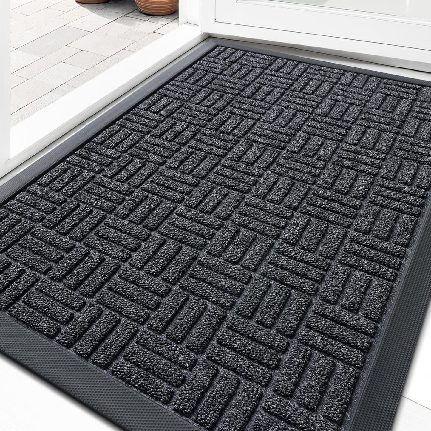 OLANLY Front Door Mat Outside Entrance 29.5x17, Absorbent, Heavy Duty Sturdy Natural Rubber Doormat Indoor Outdoor, Stain and Fade Resistant, Non-Slip Backing Low Profile Floor Mat for Entryway, Grey