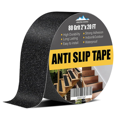Grip Tape - Heavy Duty Anti Slip Tape 80 Grit Non Slip for Stairs Outdoor/Indoor, Waterproof High Traction Stairs Non Skid Treads, Durable Triple Layer Adhesive - Black (1 Inch x 20 Feet)