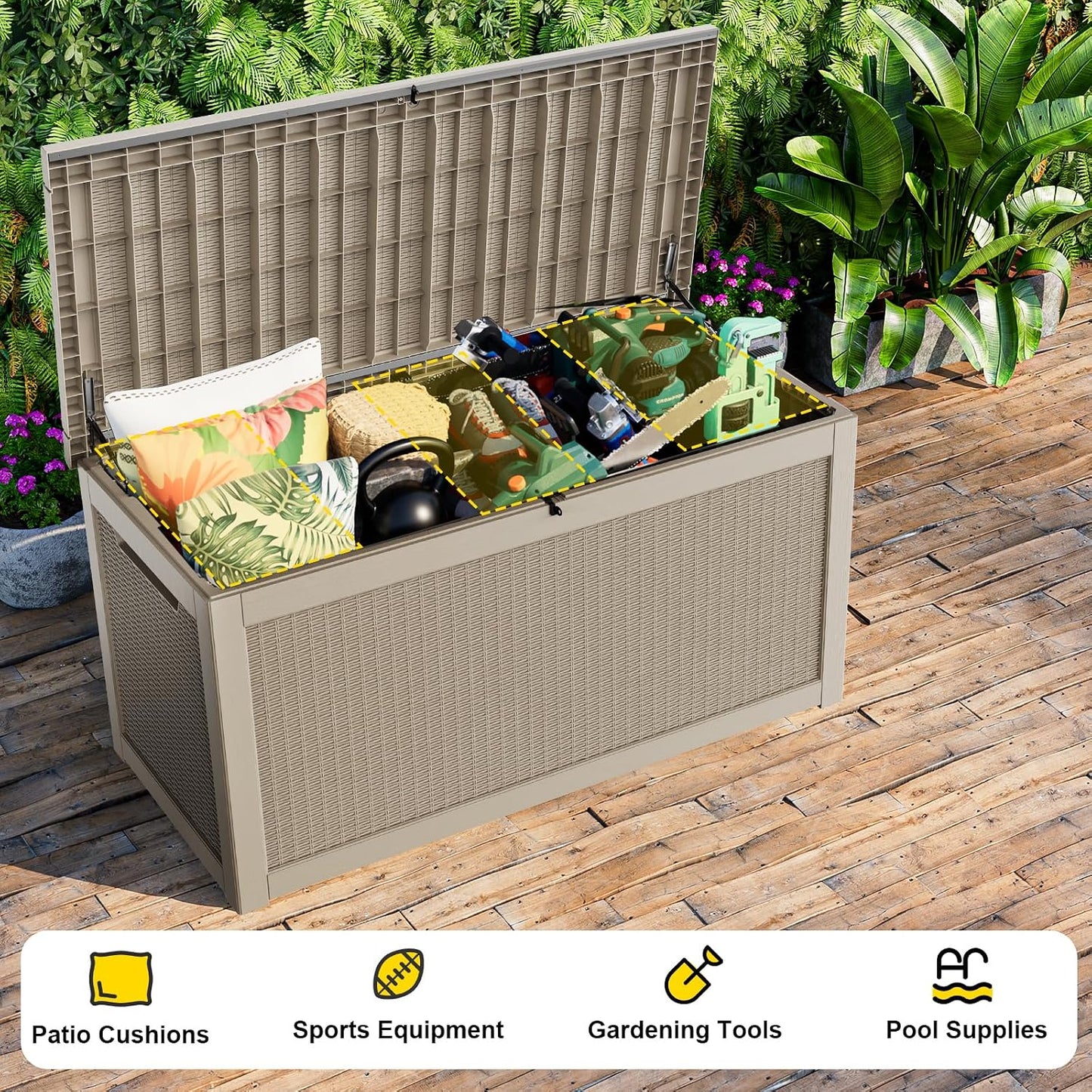 Outdoor Waterproof Resin Storage Deck Box Lockable Outside Bench UV Resistant Bin Patio Porch Furniture Pool Float Garden Tool Cushion (Black, 85 Gallon)