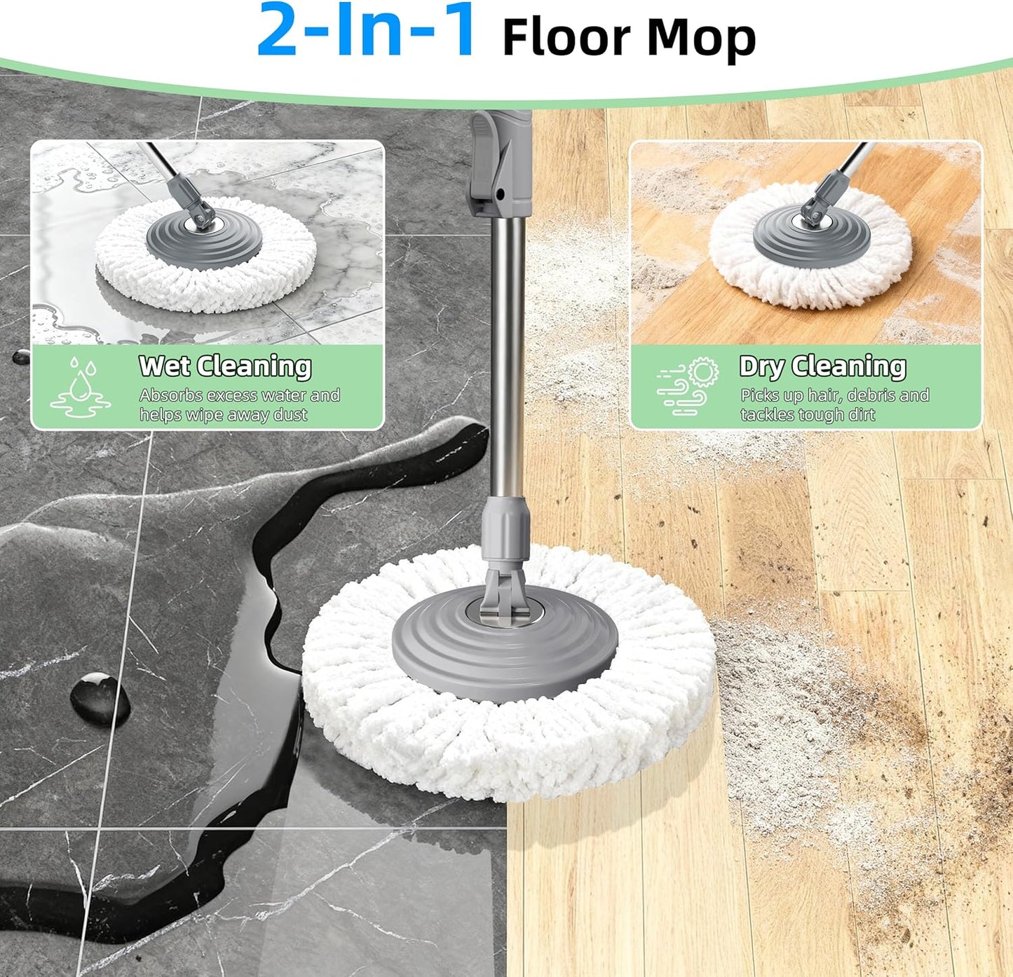 2026 Upgraded Gen 2 Spin Mop and Bucket Set with 4 Swivel Wheels for Easy Rolling, Separates Clean & Dirty Water, Floor Mop with 6 Washable Mop Heads for Wood, Tile, Vinyl, Baseboards - Grey/Blue