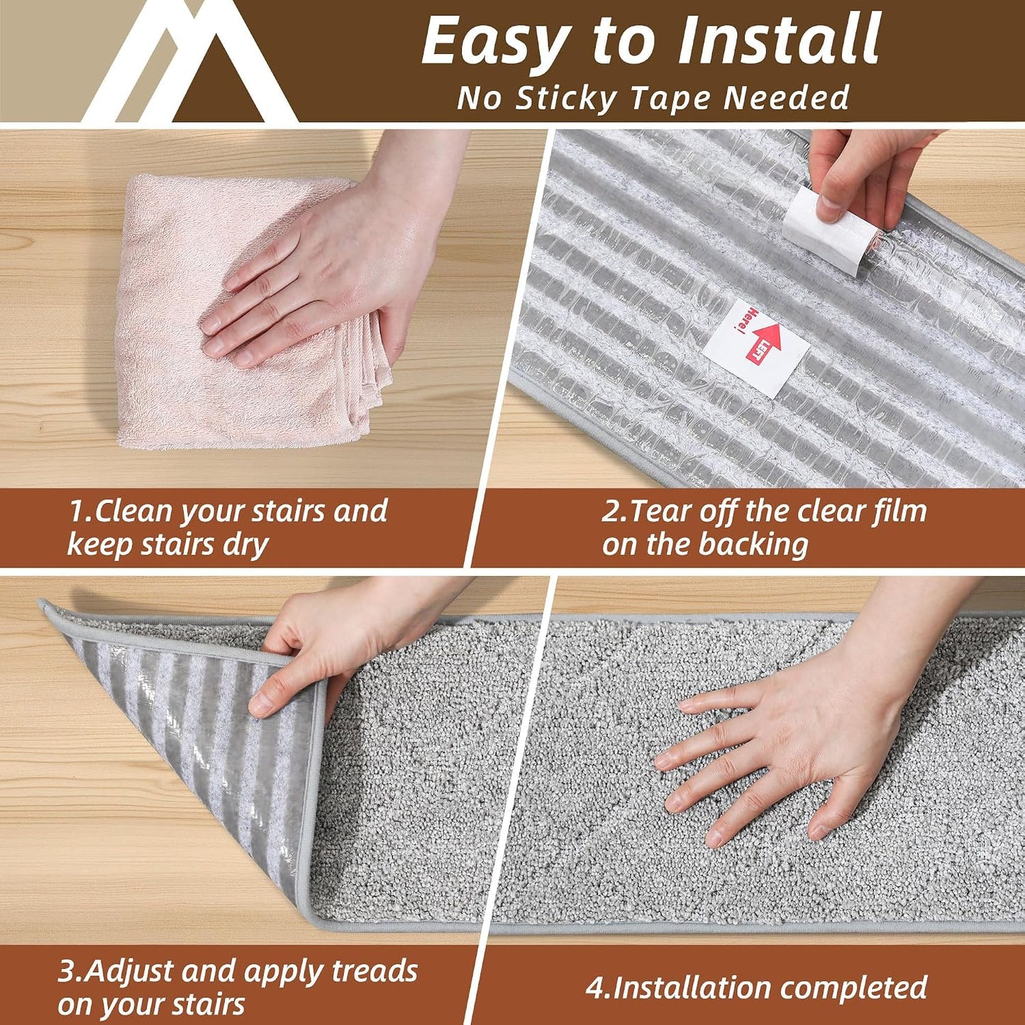 COSY HOMEER Edging Stair Treads Non-Slip Carpet Mat 28inX9in Indoor Stair Runners for Wooden Steps, Edging Stair Rugs for Kids and Dogs, 100% Polyester TPE Backing(4pc, Beige)