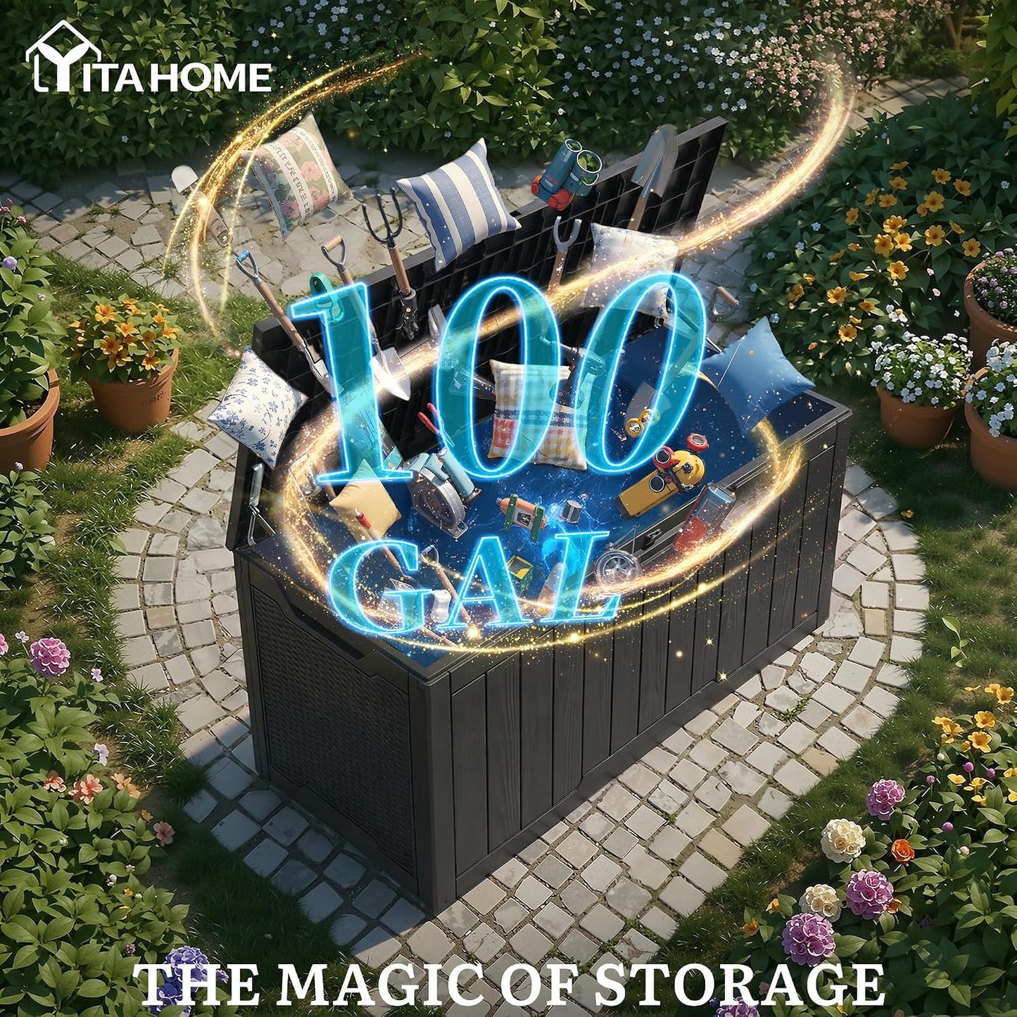 YITAHOME 100 Gallon Large Outdoor Deck Box | Waterproof Resin Storage Box, Lockable Indoor Outdoor Storage Container for Patio Furniture Cushions, Pool Accessories