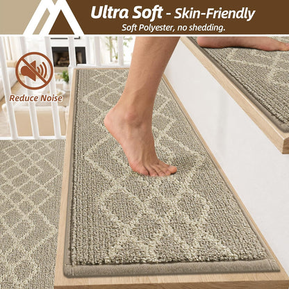COSY HOMEER Soft Stair Treads Non-Slip Carpet Mat 28inX9in Indoor Stair Runners for Wooden Steps,Stair Rugs for Kids and Dogs, 100% Polyester TPE Backing 7pcs,Black,Rhombus