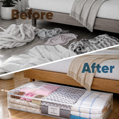 Masirs Clear Blanket Storage Bag (2-Pack) - Vinyl Clothing Organizers with Zipper & Label Pocket - Protects from Dust, Moisture & Dirt - Ideal for Underbed Storage Sheets, Comforters & Bedding