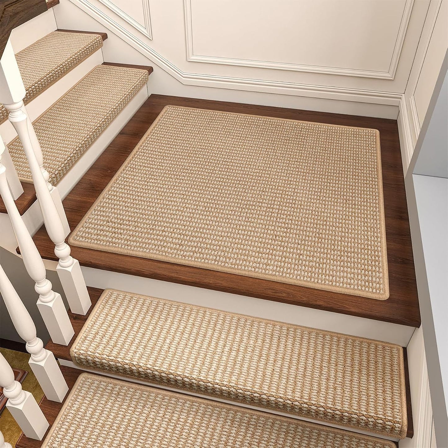 Brakki Bullnose Carpet Stair Treads, Non Slip Stair Treads for Wooden Steps Indoor, Stair Runner, Soft Stair Rugs, Edging Stair Protectors, Washable, 29.5"x9.5"x1.5" 14pcs, Beige