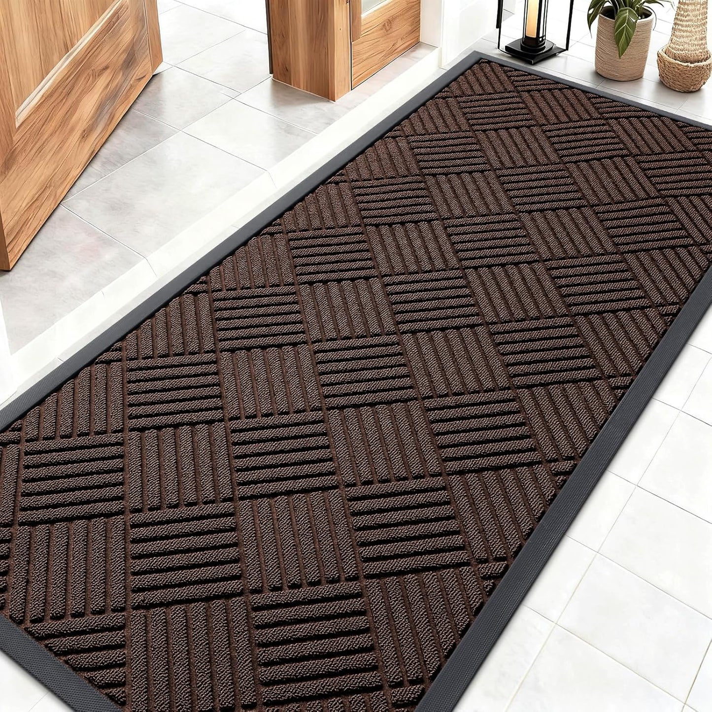 OLANLY Front Door Mat Outside Entrance 29.5x17, Absorbent, Heavy Duty Sturdy Natural Rubber Doormat Indoor Outdoor, Stain and Fade Resistant, Non-Slip Low Profile Floor Mat for Entryway, Grey Diamond