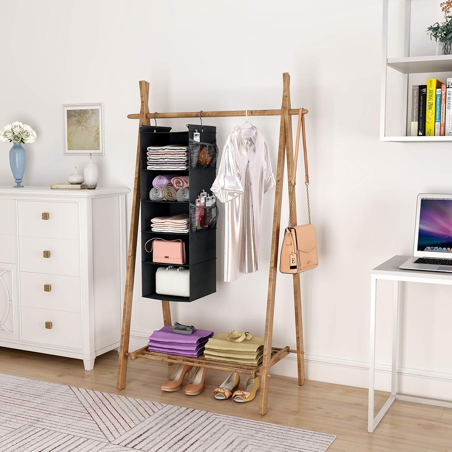 MAX Houser 4-Shelf Hanging Closet Organizer, Space Saver, Cloth Hanging Shelves with 2 Side Pockets, Foldable (Beige)