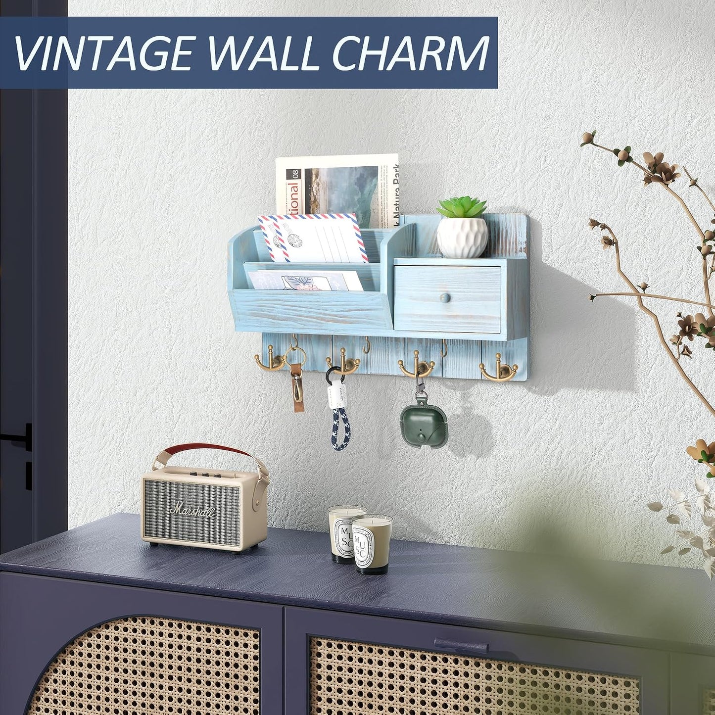 Rebee Vision Key and Mail Holder Wall Mount - Mail Organizer Wall Mount with Storage Hooks and Drawer for Modern Farmhouse Decor - Mail Organizer Wall Mounted for Rustic Apartment Essentials (Brown)