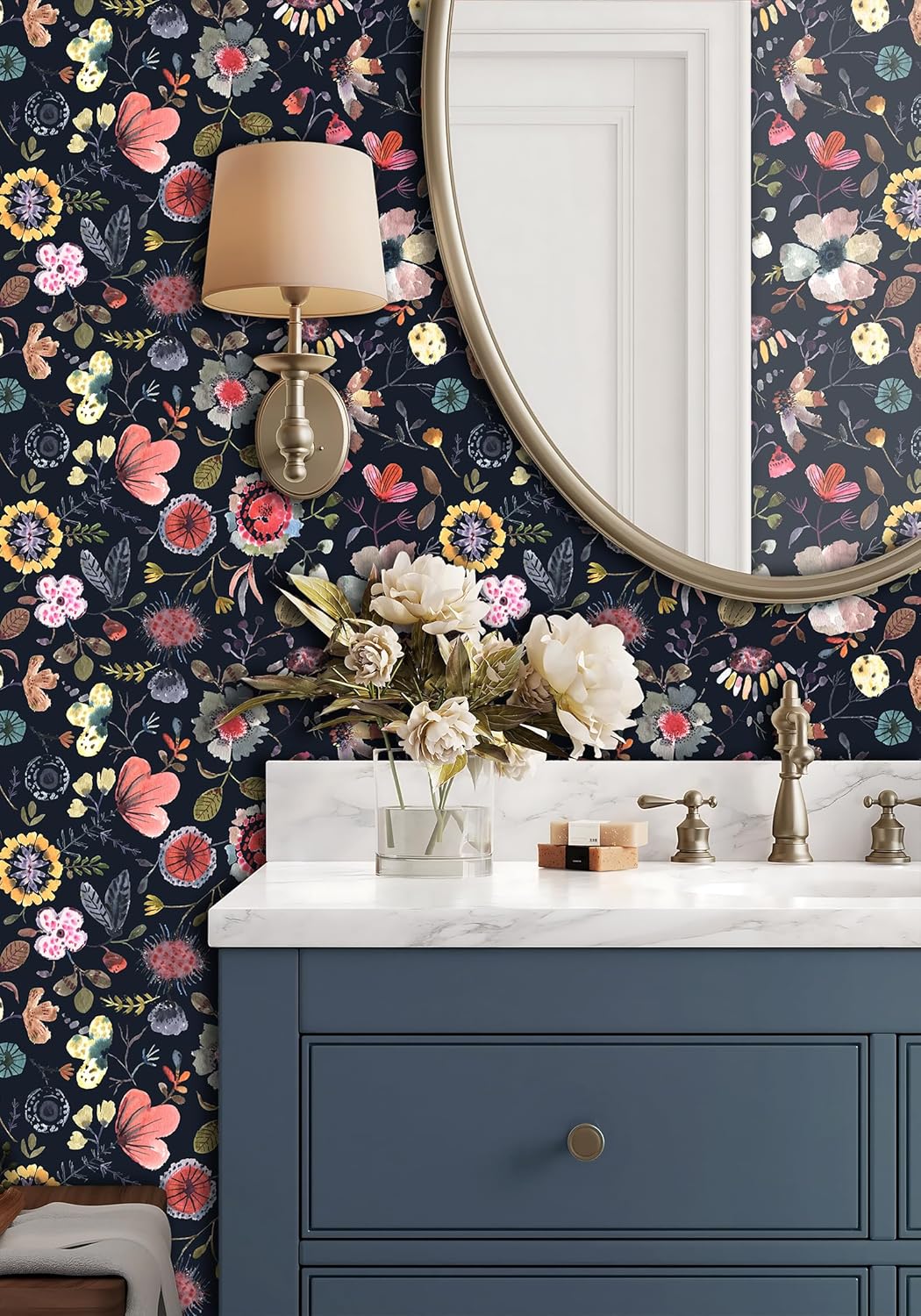 Wallpaper Peel and Stick Floral Wall Paper Removable Waterproof Gray/Yellow/Blue Contact Paper for Bedroom, Bathroom, Home Wall 17.3" x 118"