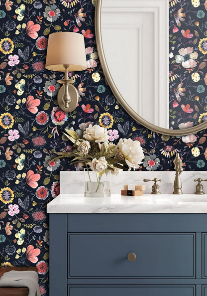Wallpaper Peel and Stick Floral Wall Paper Removable Waterproof Gray/Yellow/Blue Contact Paper for Bedroom, Bathroom, Home Wall 17.3" x 118"