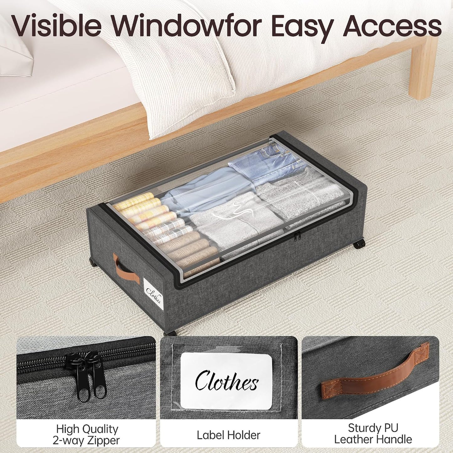 Yecaye Under Bed Storage with Wheels, 2 Pack Under Bed Storage Containers, 60L Underbed Shoe Storage with Clear Window & Label, Rolling Under Bed Metal Drawer for Clothes, Shoes, Books, Blankets