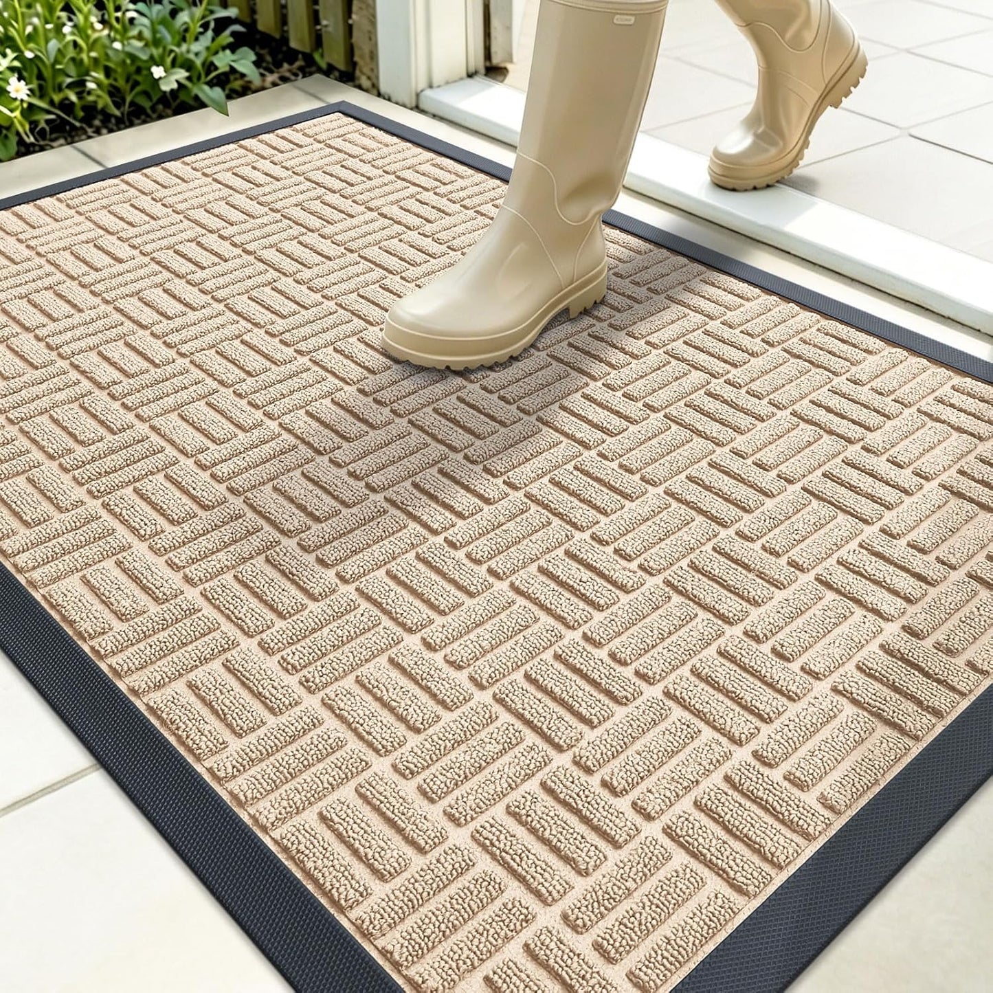 OLANLY Front Door Mat Outside Entrance 29.5x17, Absorbent, Heavy Duty Sturdy Natural Rubber Doormat Indoor Outdoor, Stain and Fade Resistant, Non-Slip Backing Low Profile Floor Mat for Entryway, Grey
